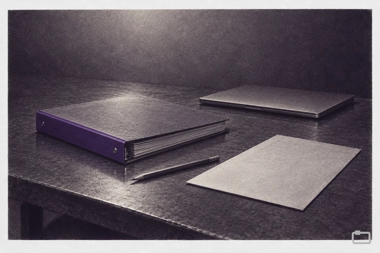 Mezzotint of a course binder, a pencil and a face-down answer sheet on a table