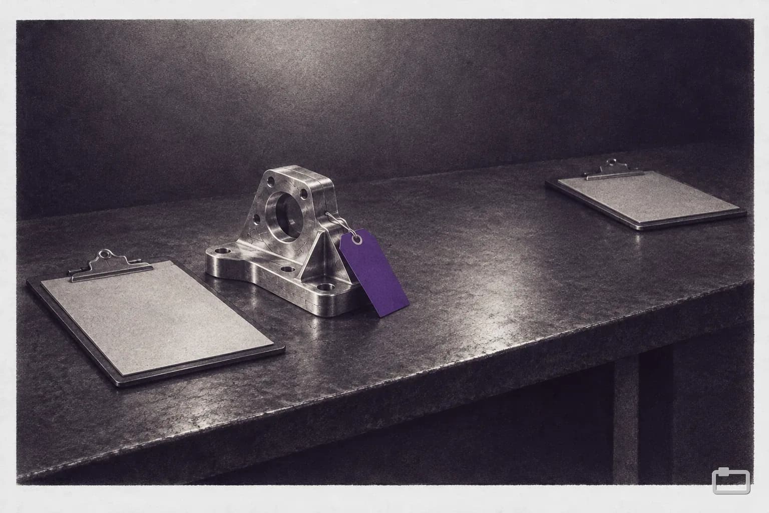 Mezzotint of two clipboards set apart on a workbench beside a machined part