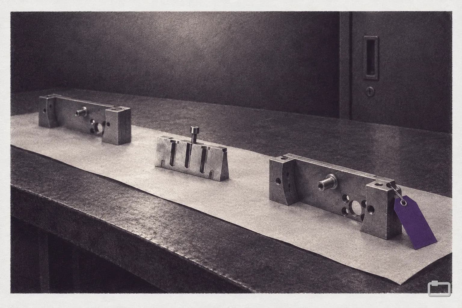 Mezzotint of a paper strip along a bench with machined parts set along it like milestones