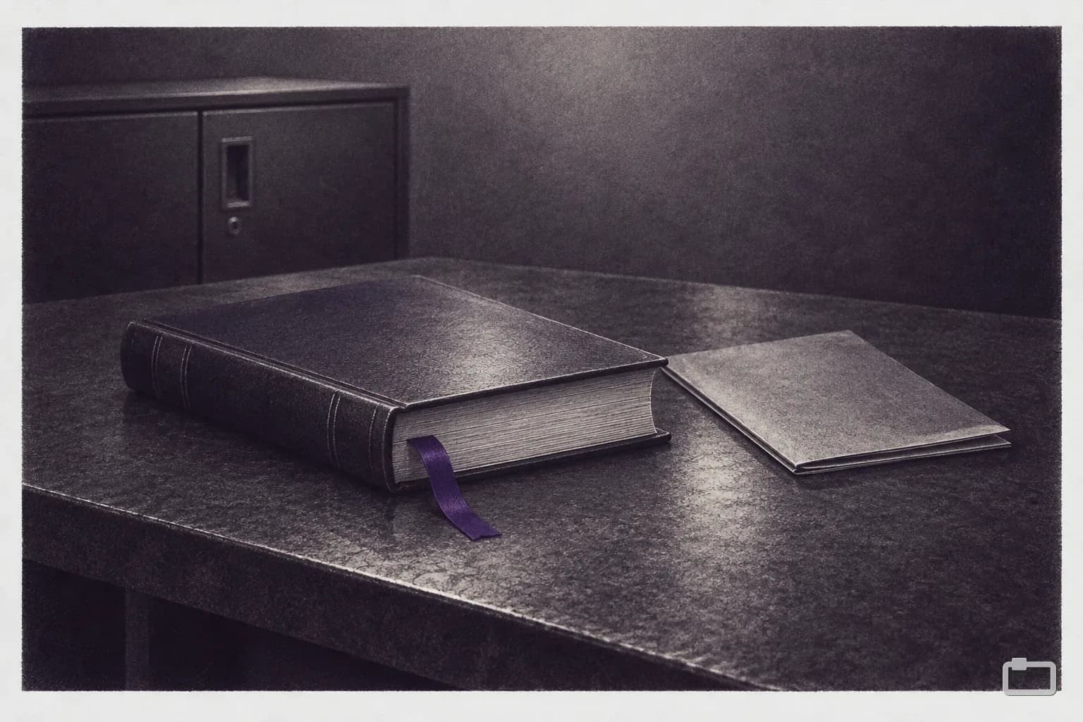 Mezzotint of a thick bound volume beside a thin pamphlet