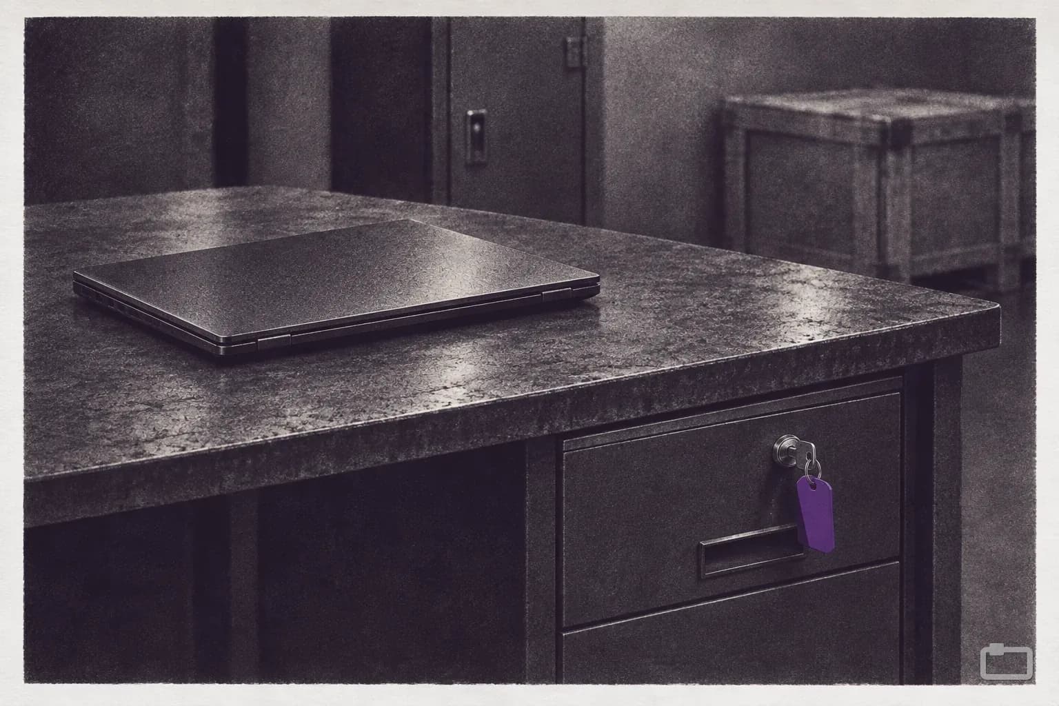 Mezzotint of a desk with a closed laptop and a locked drawer