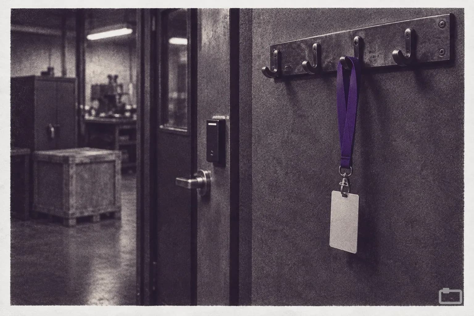 Mezzotint of a visitor lanyard hanging on a hook by the shop entrance