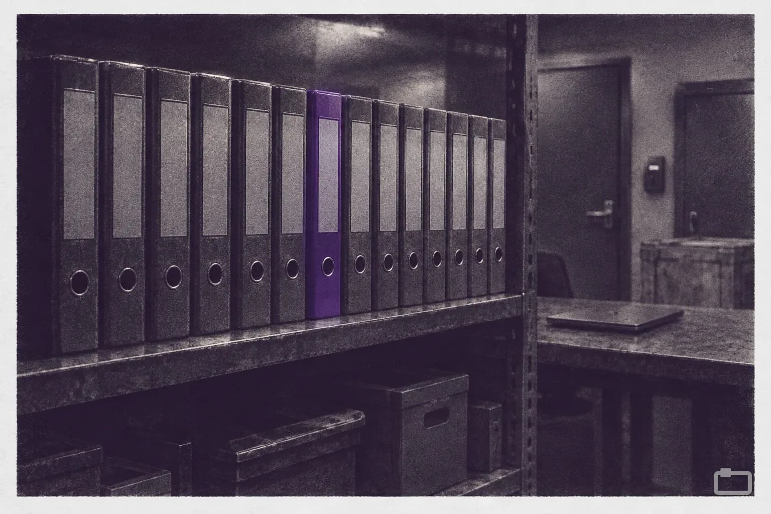 Mezzotint of a long shelf of binders in a shop office