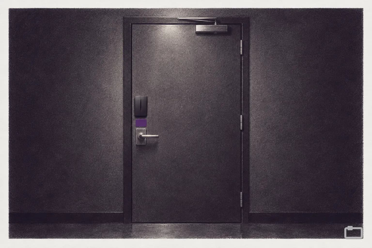Mezzotint of a steel door with a badge reader beside the handle