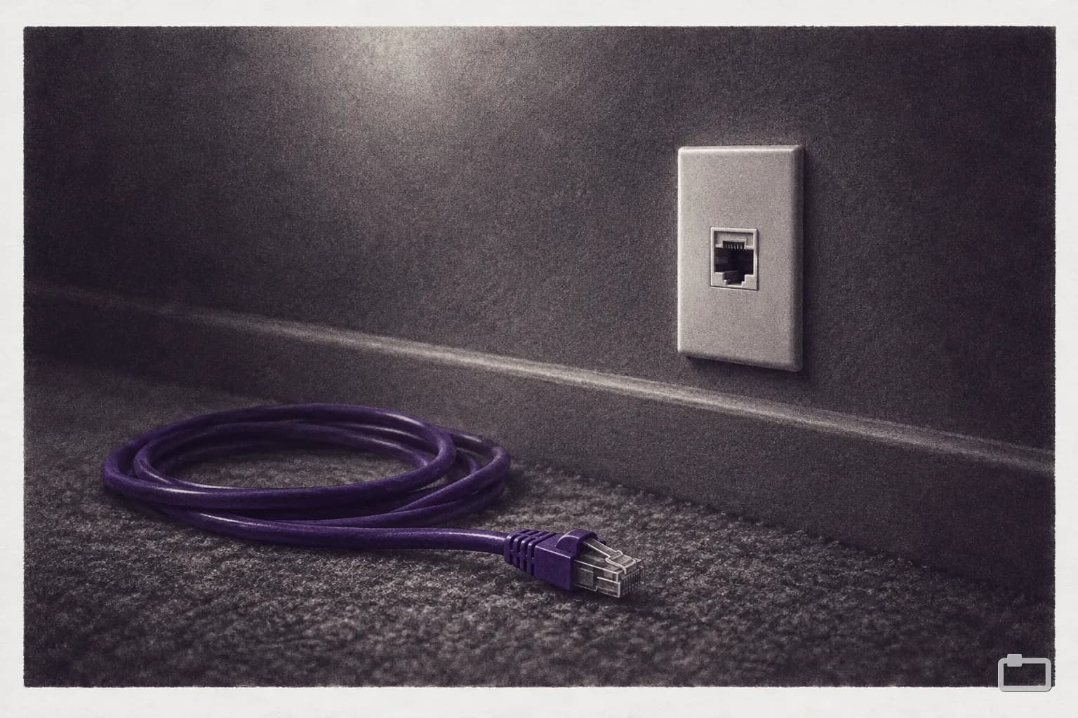 Mezzotint of an unplugged network cable beside a wall jack