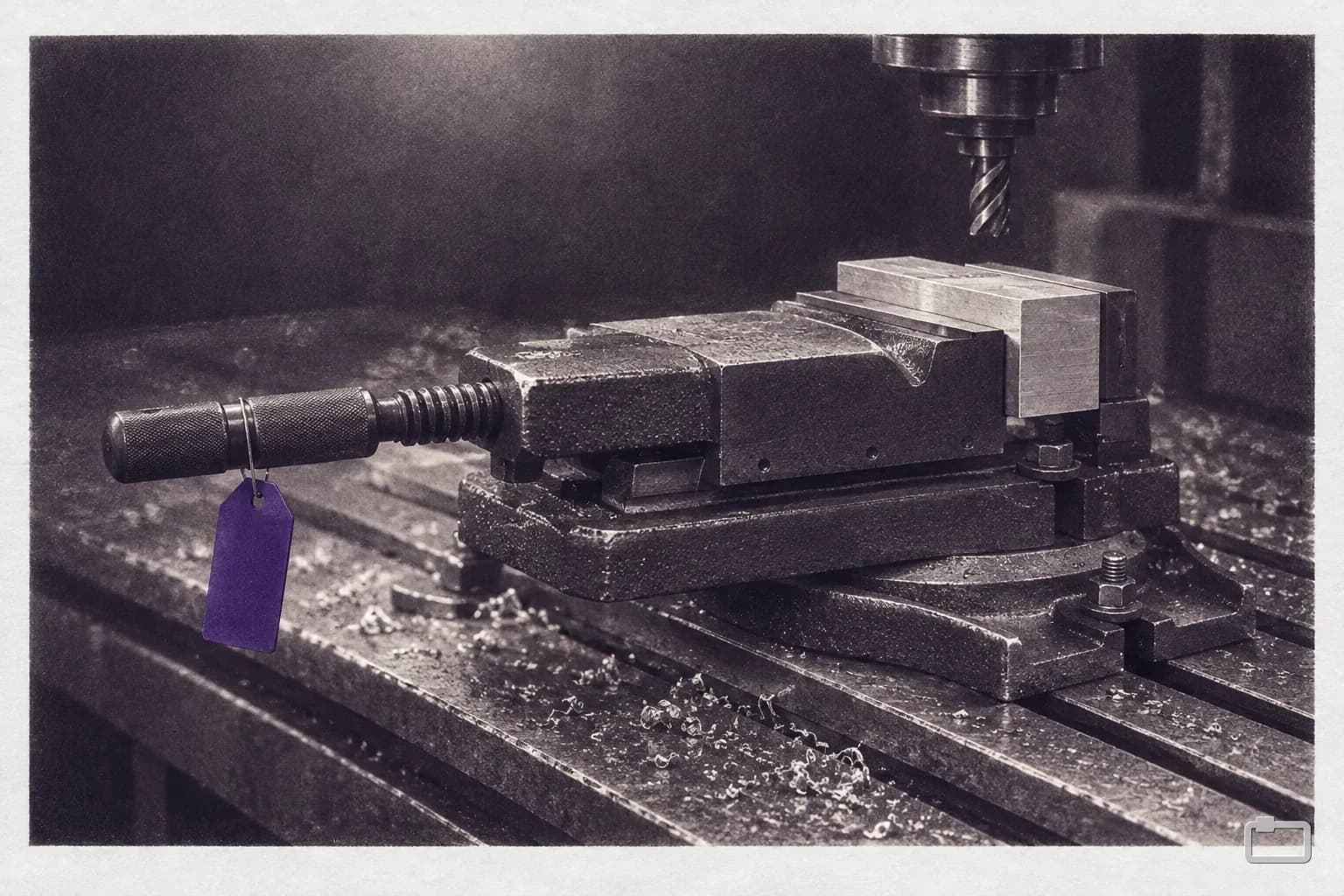 Mezzotint of a machine vise holding an aluminium block on a milling table