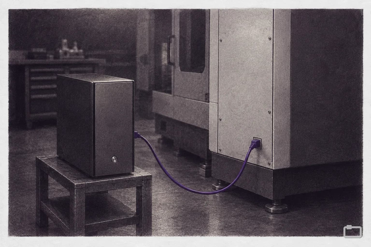 Mezzotint of a desktop computer cabled to a CNC machine's control cabinet
