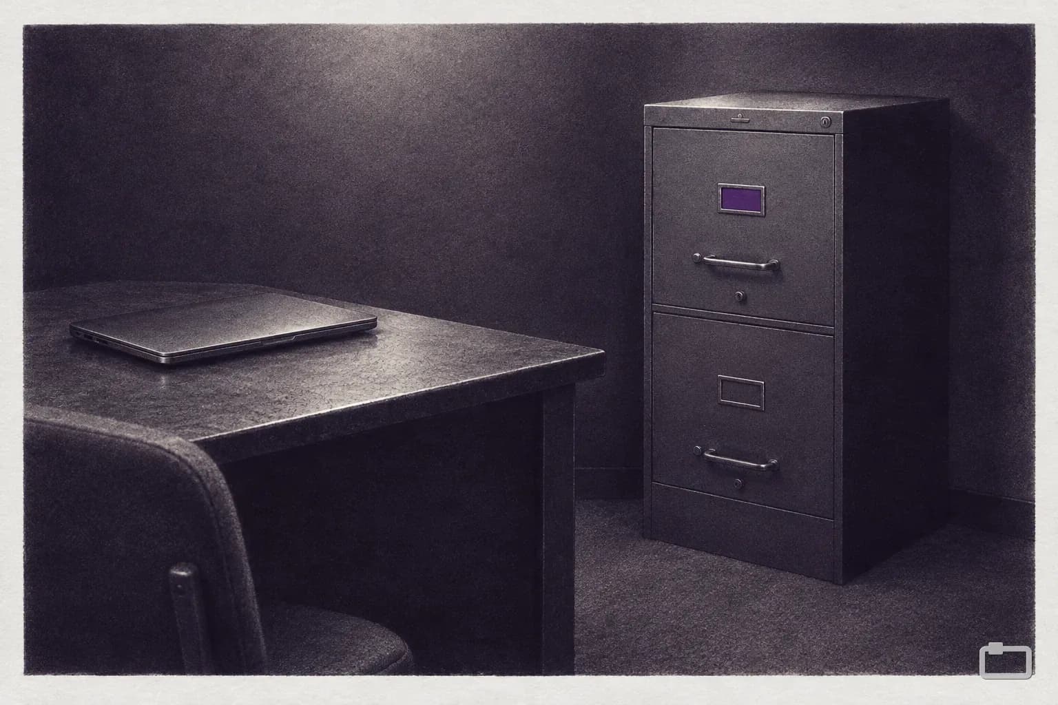Mezzotint of a narrow shop office with one desk, a closed laptop and a filing cabinet