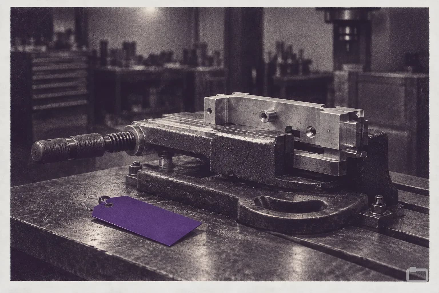 Mezzotint of a half-finished part in a machine vise with a tag beside it
