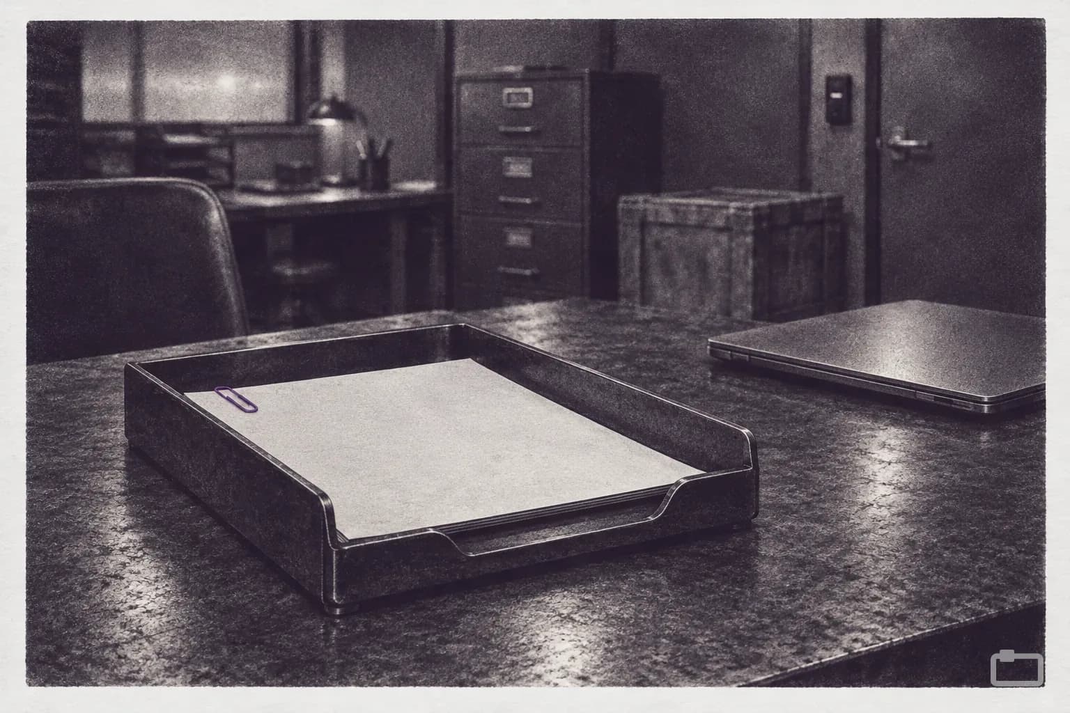Mezzotint of a single memo in an office in-tray