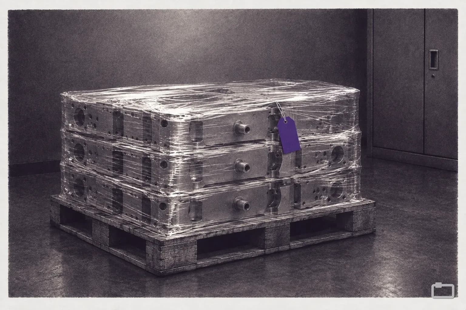 Mezzotint of a wrapped pallet of parts with a hold tag