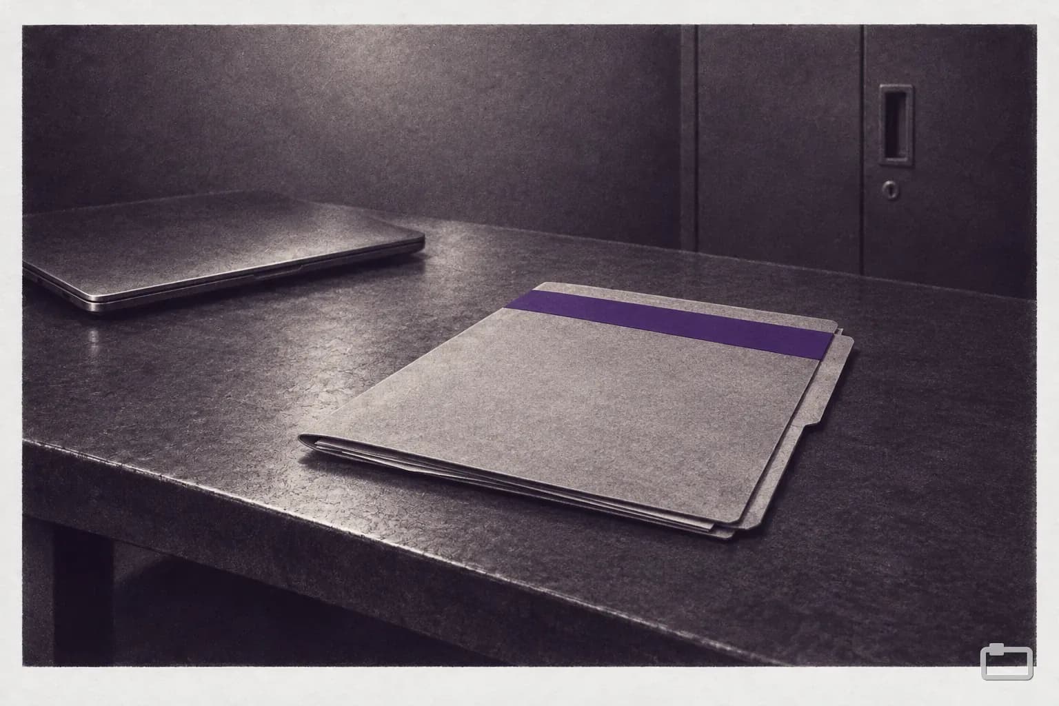 Mezzotint of a folder with a blank banner strip across its cover