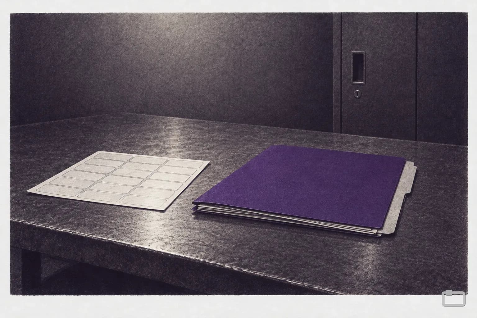 Mezzotint of a sheet of blank labels beside a folder