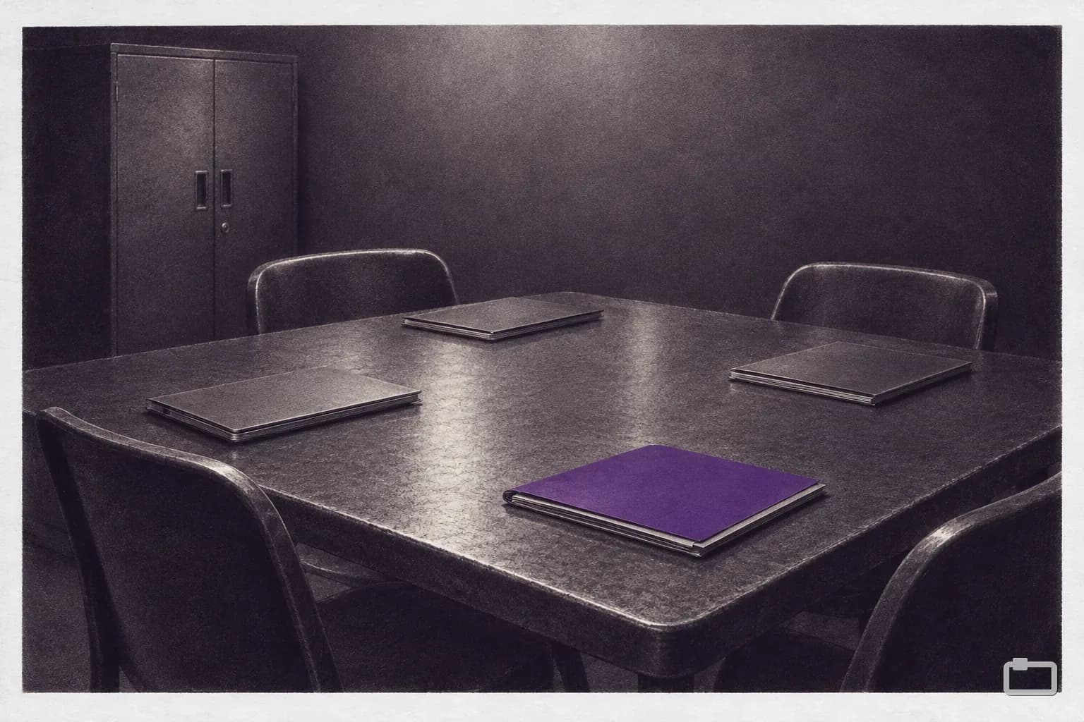 Mezzotint of blank handbooks laid at empty chairs around a break-room table