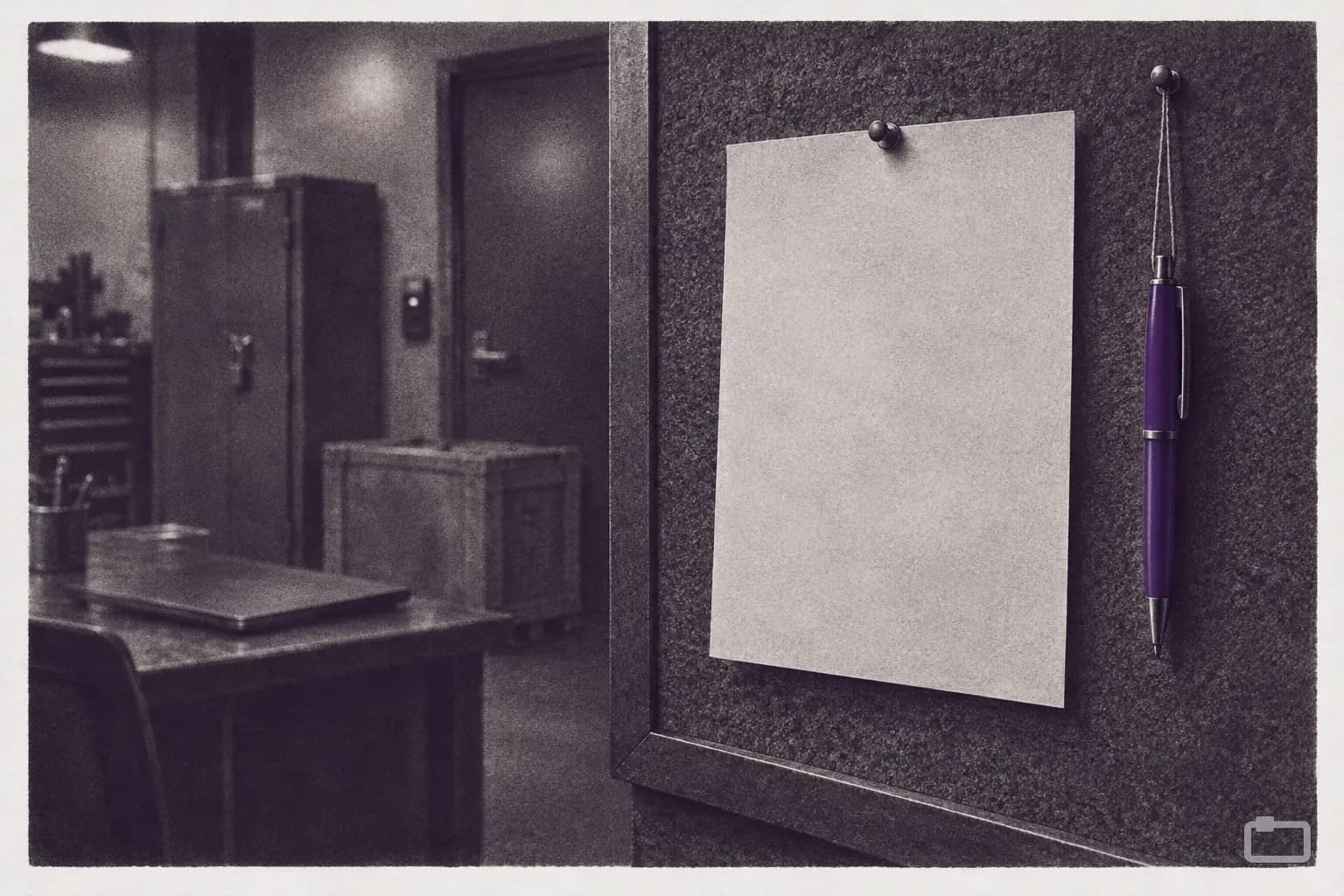 Mezzotint of a sign-off sheet on a corkboard with a pen on a string