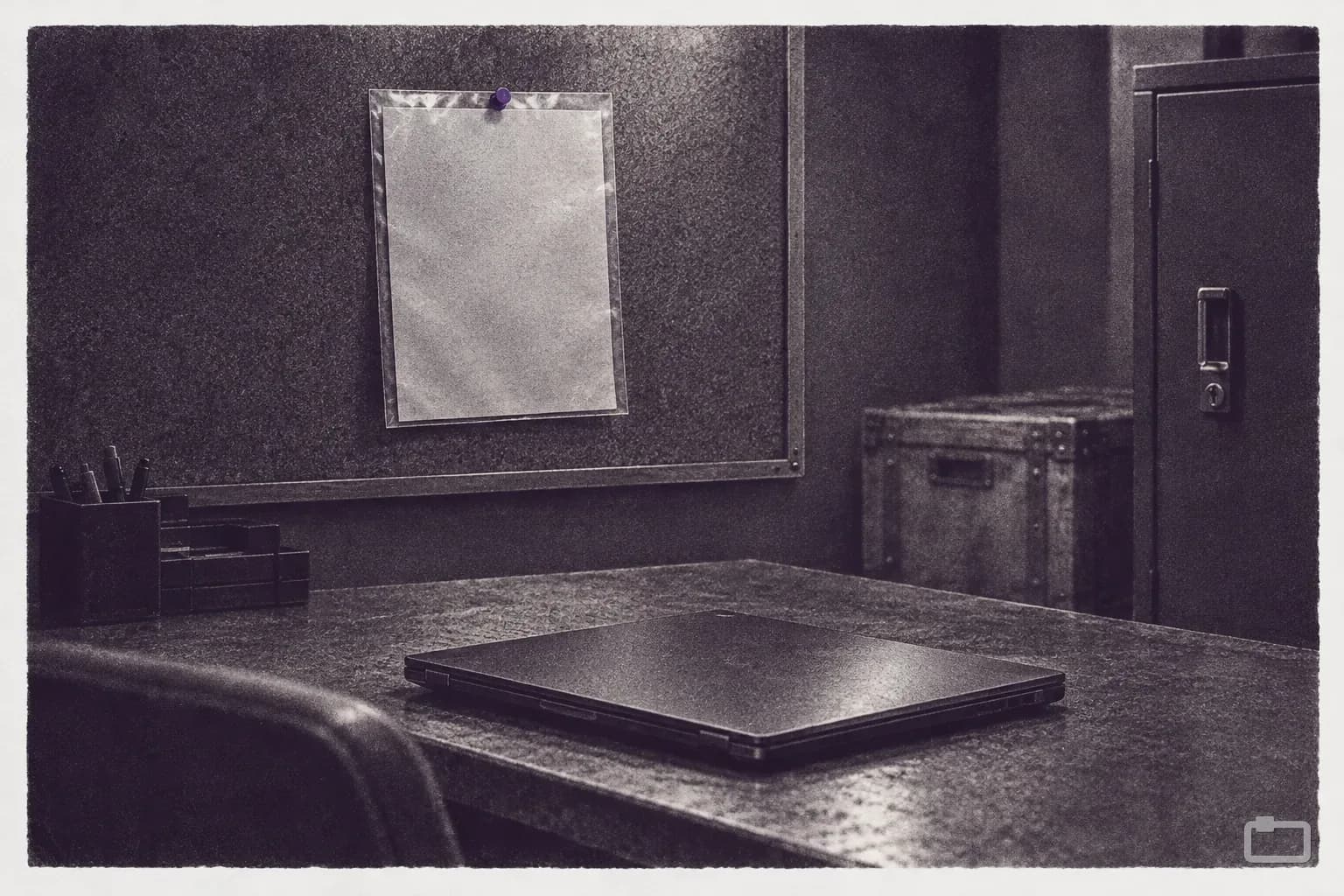 Mezzotint of a sheet pinned above a desk with a closed laptop