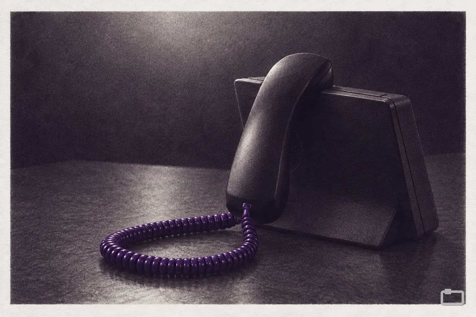 Mezzotint of a desk phone on a bare desk