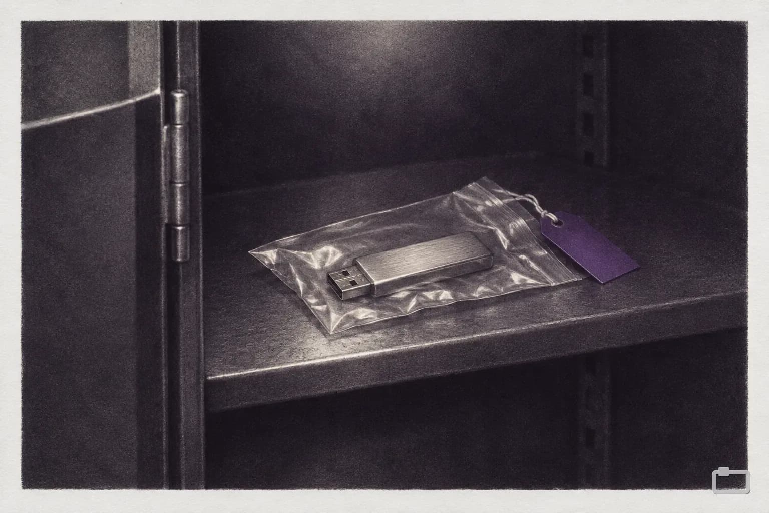 Mezzotint of a sealed bag holding a drive inside a steel cabinet