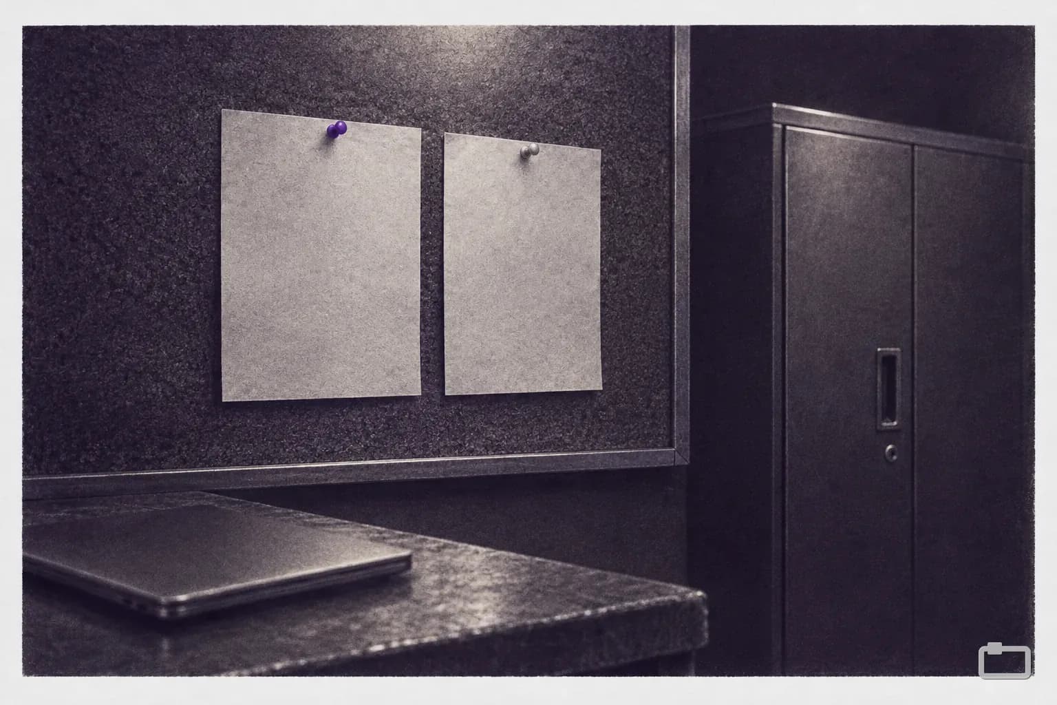 Mezzotint of two sheets pinned side by side on a corkboard