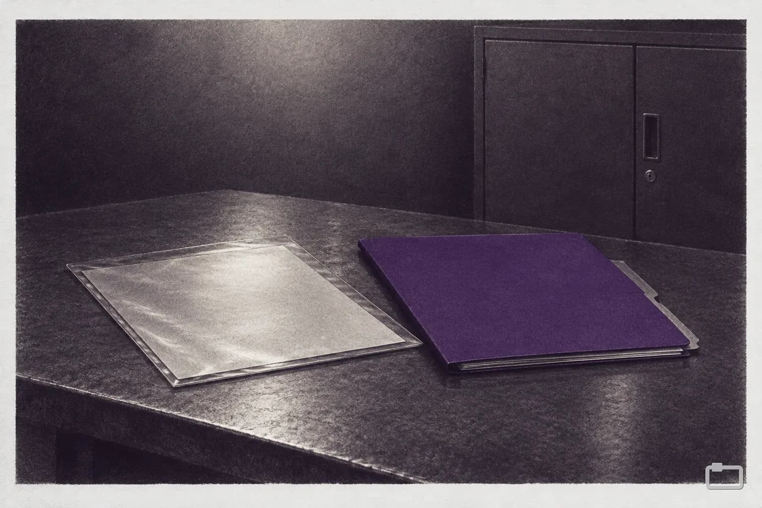 Mezzotint of a score sheet in a clear sleeve beside a folder