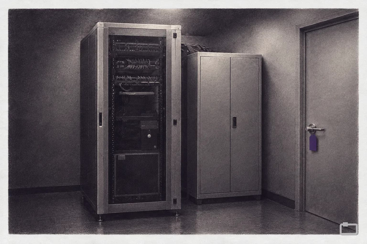 Mezzotint of a server rack in a room corner beside a door with an inspection tag