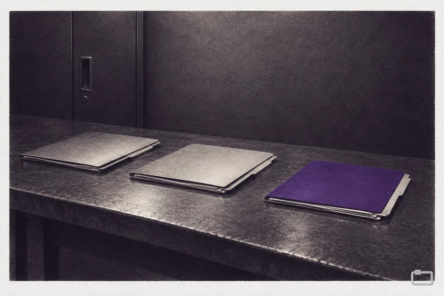 Mezzotint of three folders laid out in a row like steps