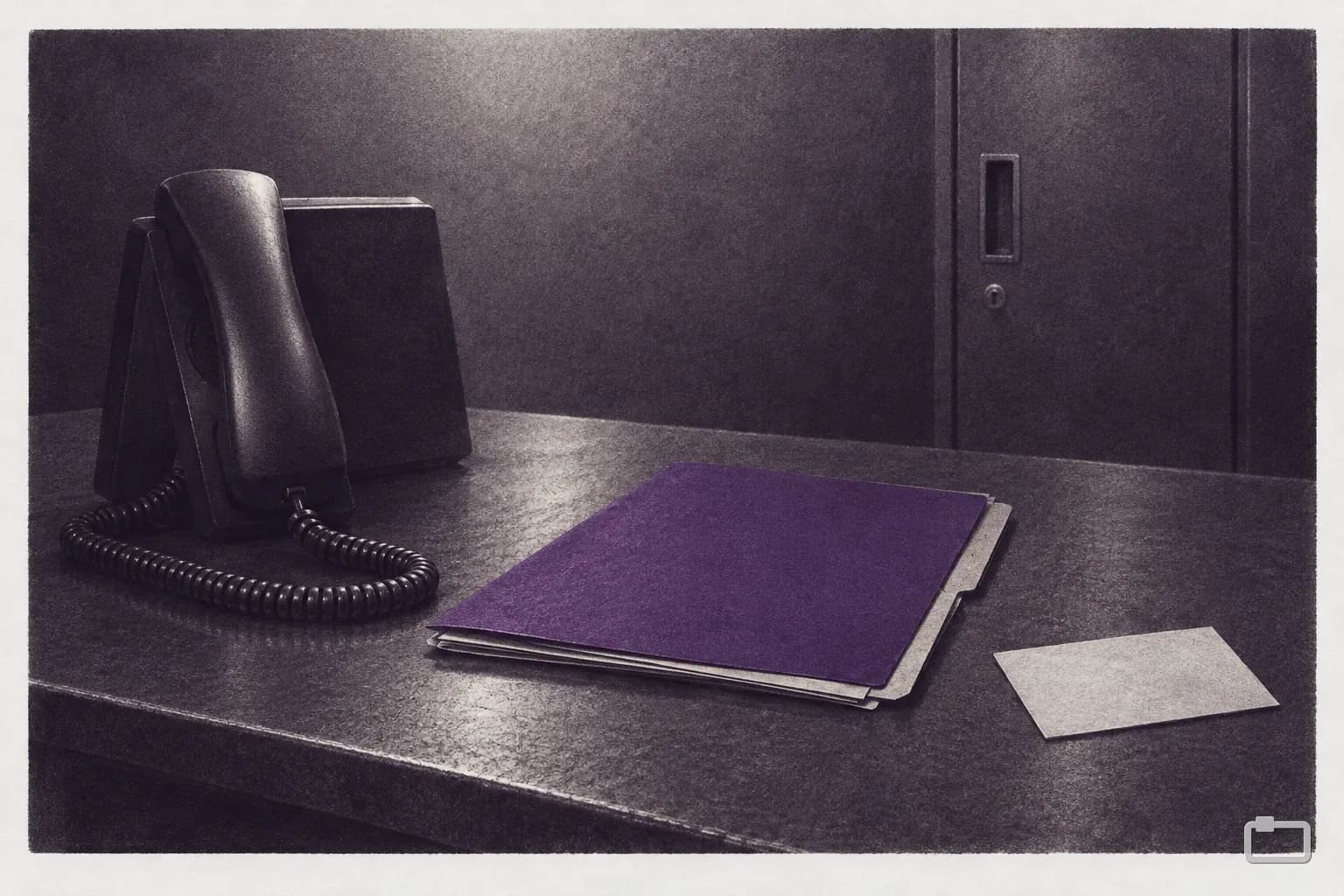 Mezzotint of a desk phone beside a folder and an appointment card