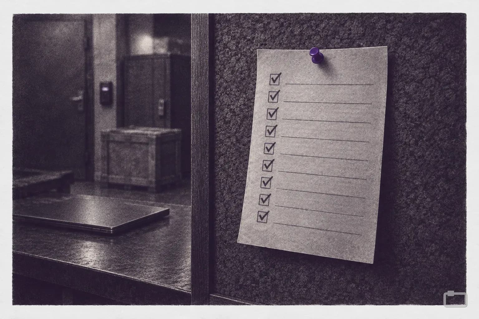 Mezzotint of a fully ticked checklist pinned to a corkboard