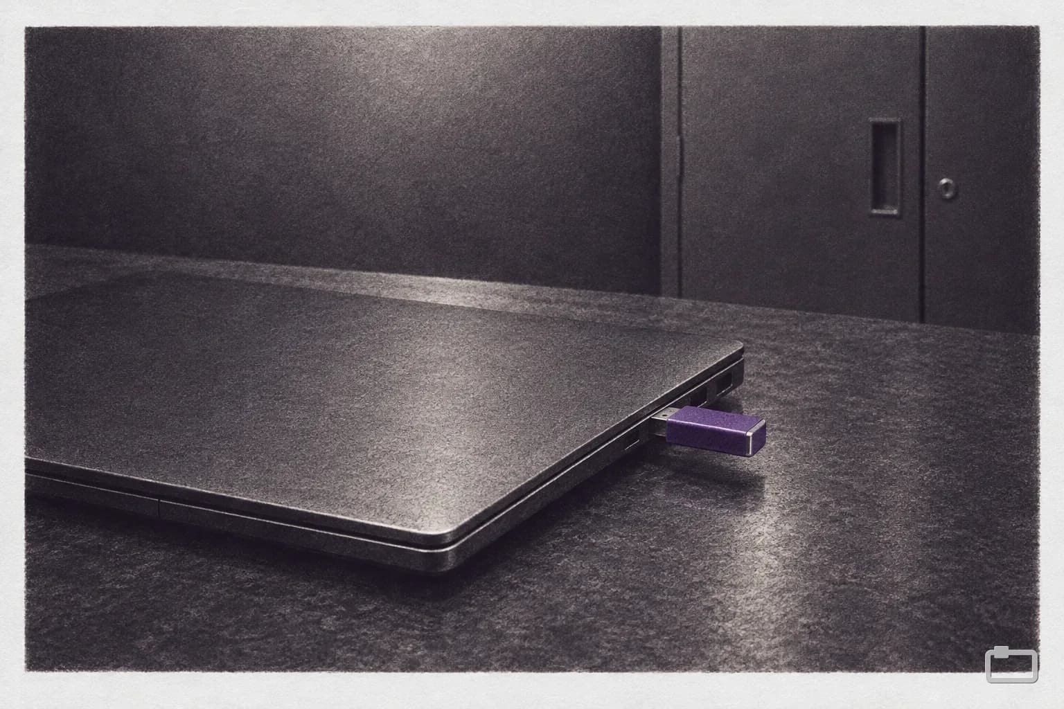 Mezzotint of a closed laptop with a small token plugged into its side