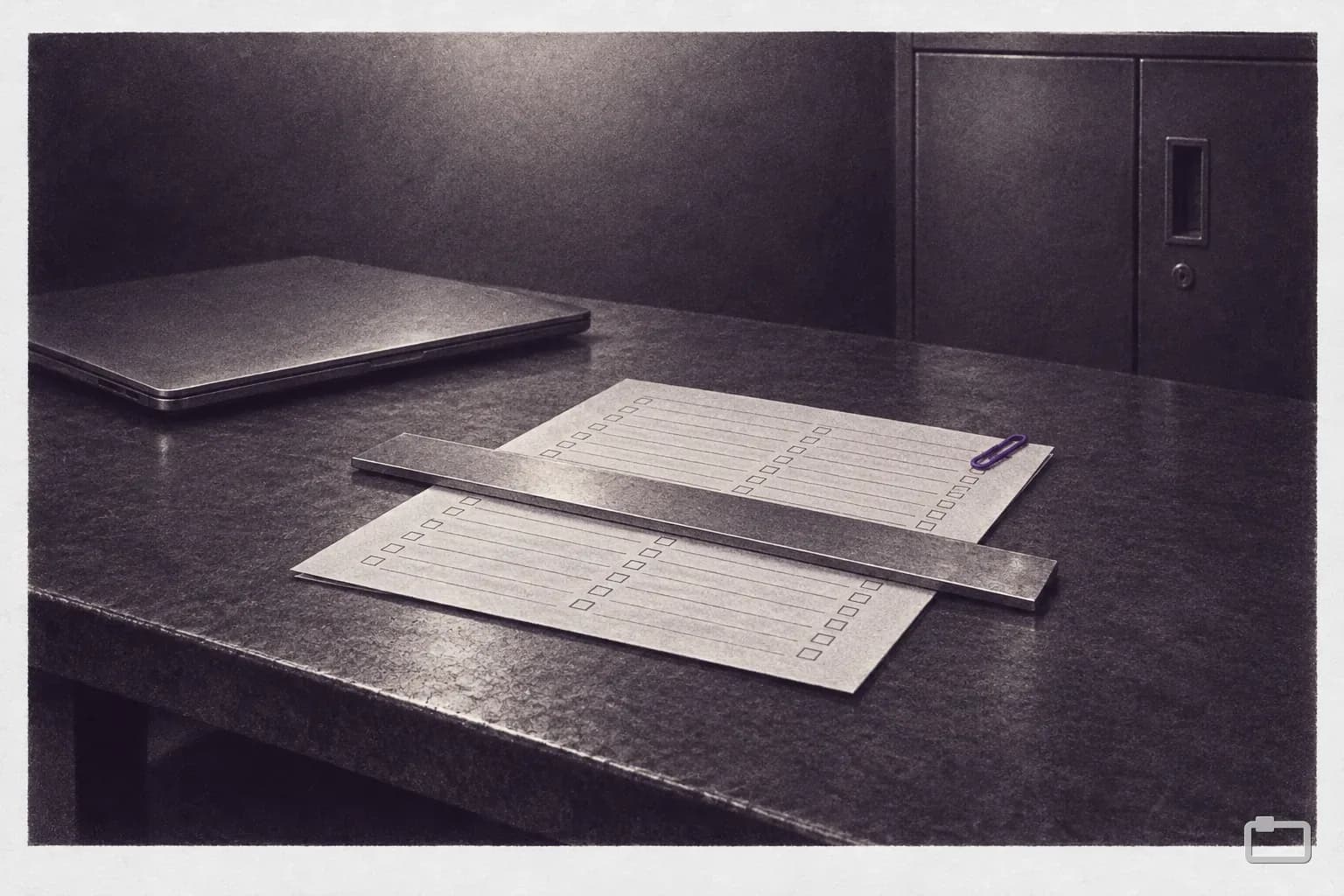 Mezzotint of a tally sheet held under a steel ruler