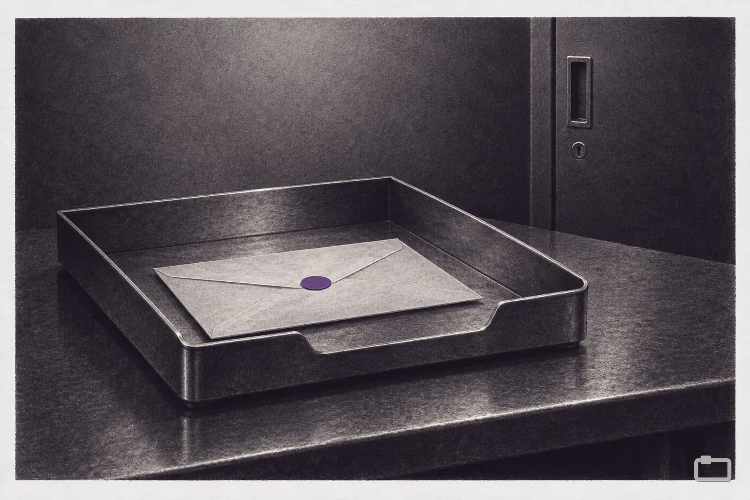 Mezzotint of a sealed envelope in an out-tray