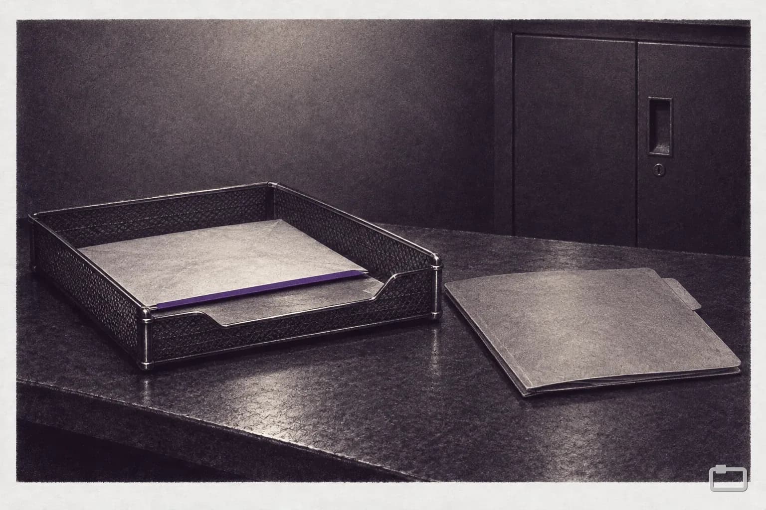 Mezzotint of a large envelope in a mail tray beside a folder