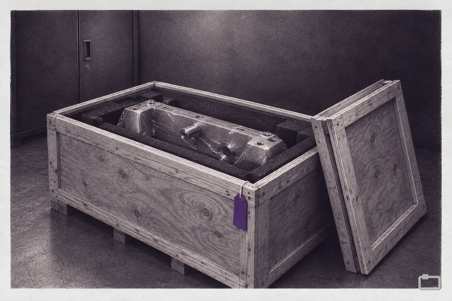 Mezzotint of an open crate with a wrapped part packed inside