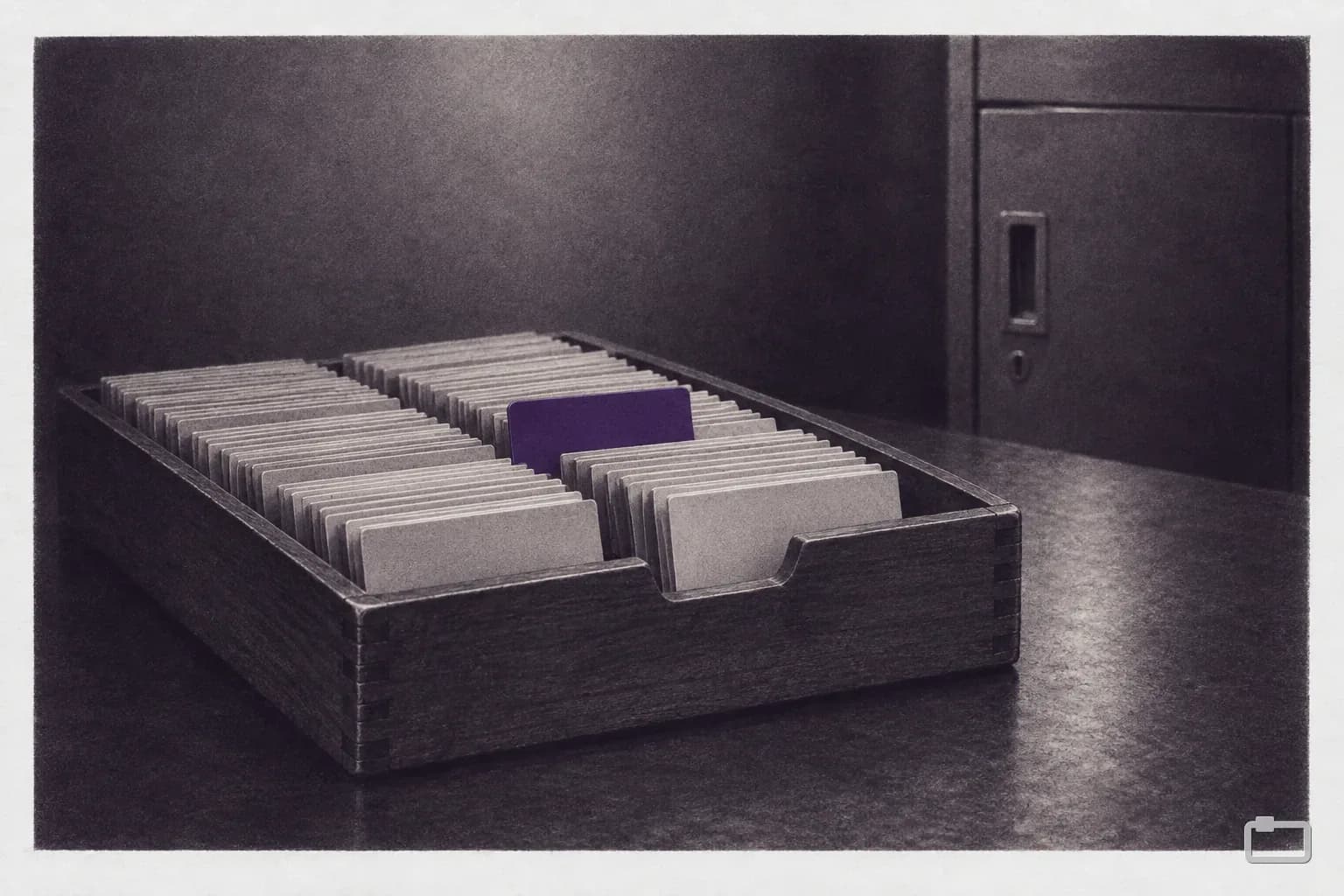 Mezzotint of a tray of index cards with one divider