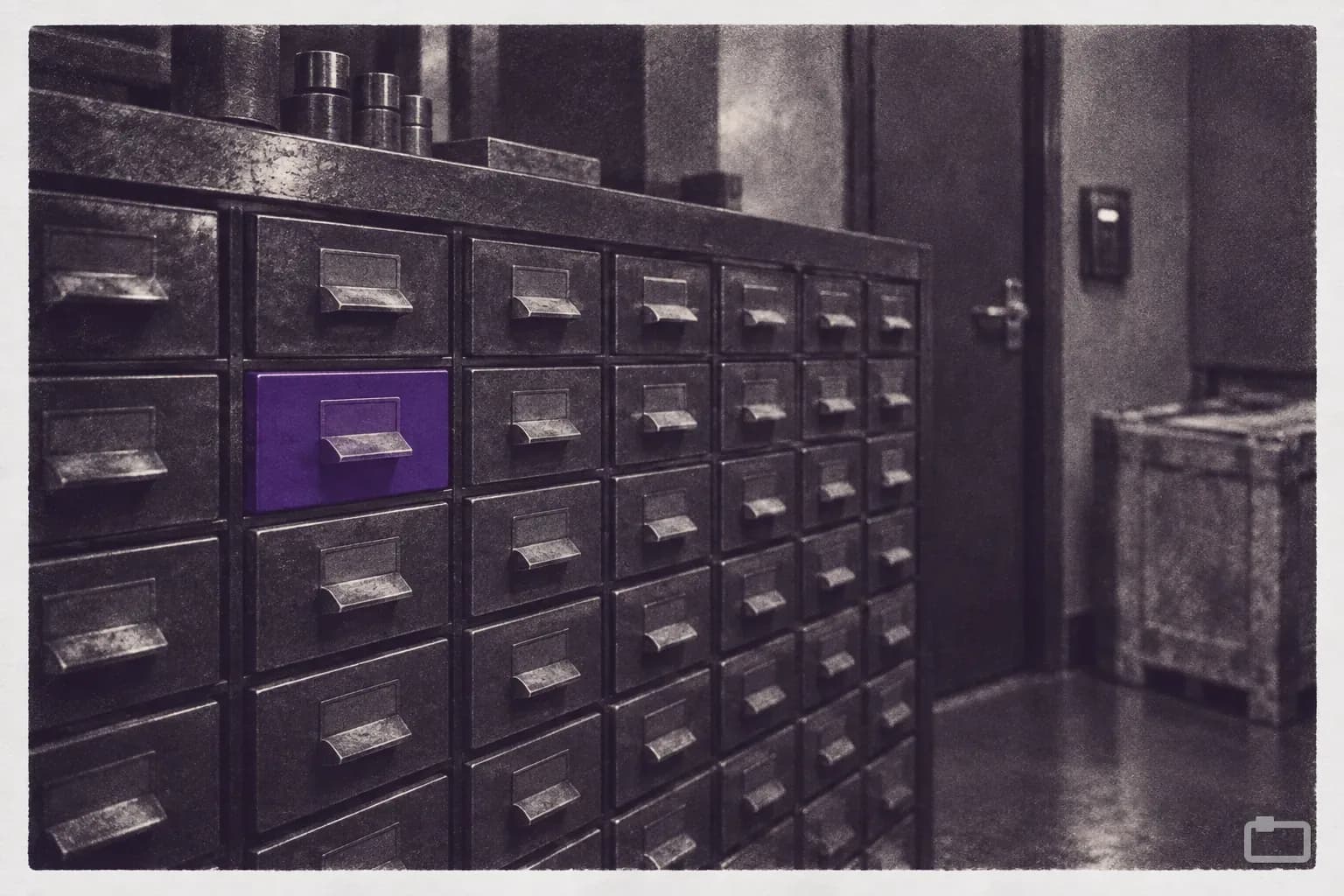 Mezzotint of a wall parts organiser with rows of small drawers