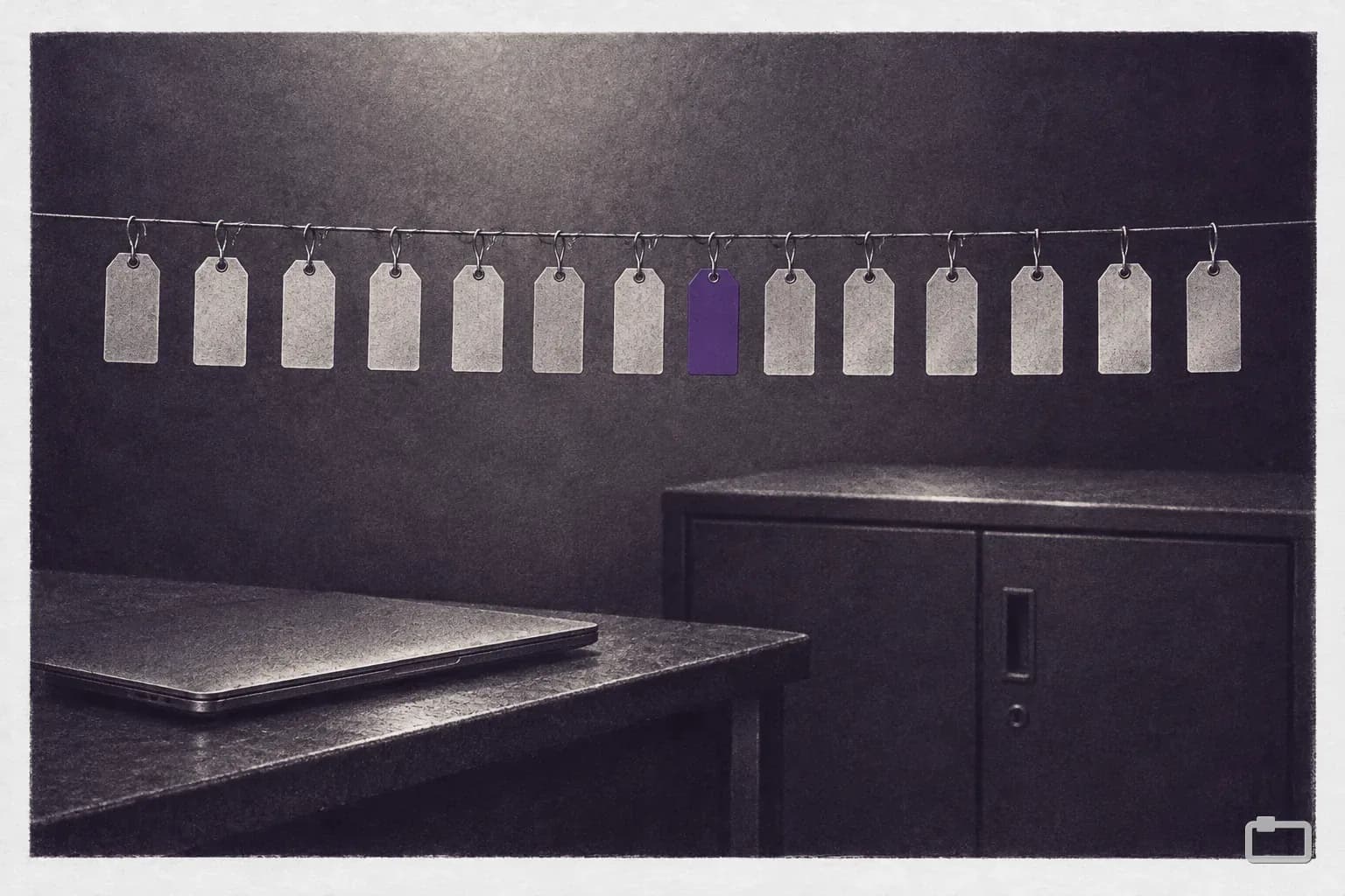 Mezzotint of fourteen blank tags hung in a row along a wire