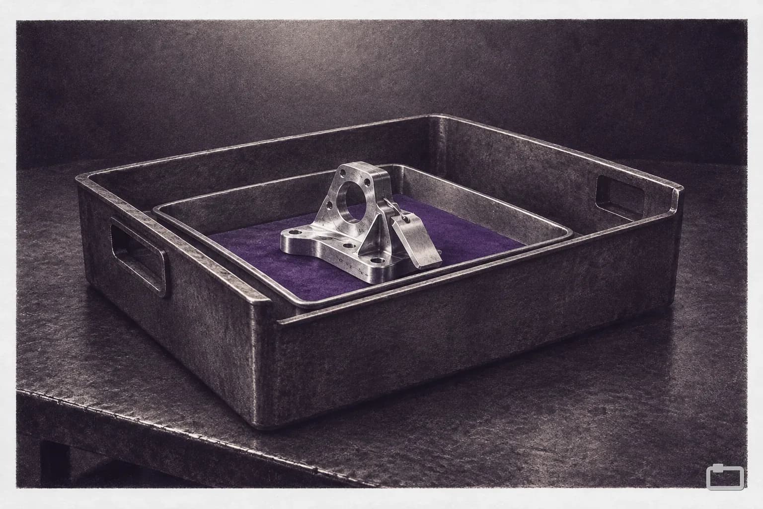 Mezzotint of a machined part in a small tray set inside a larger tote