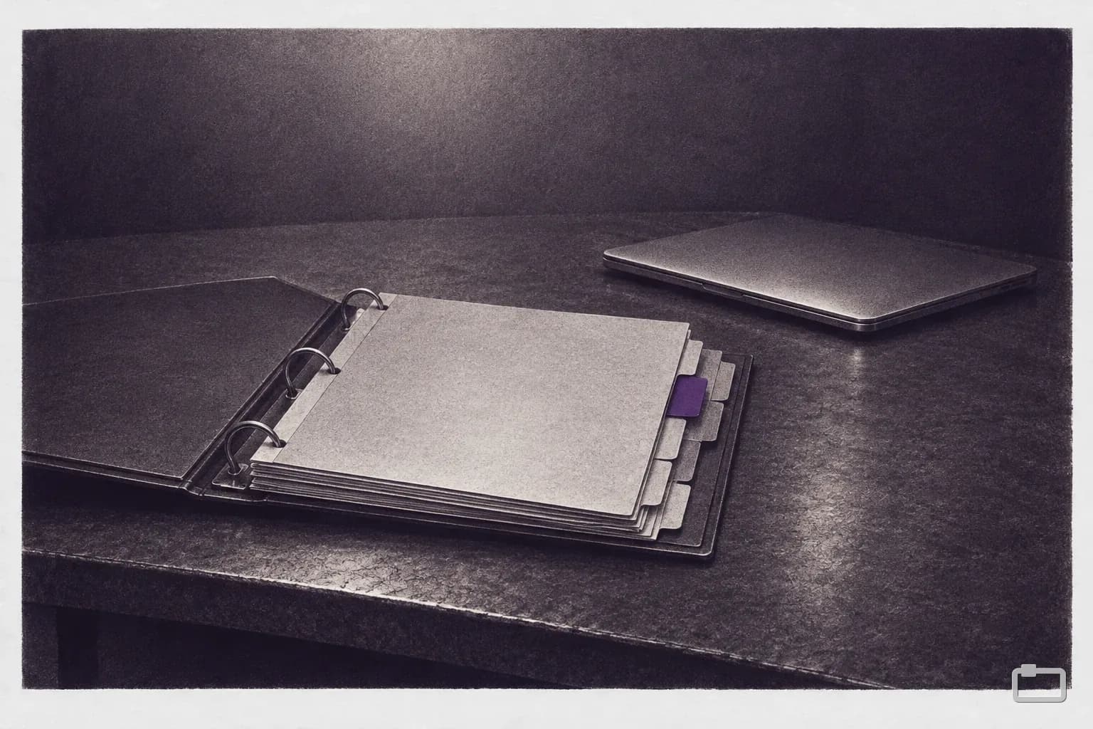 Mezzotint of an open binder of tabbed evidence beside a closed laptop