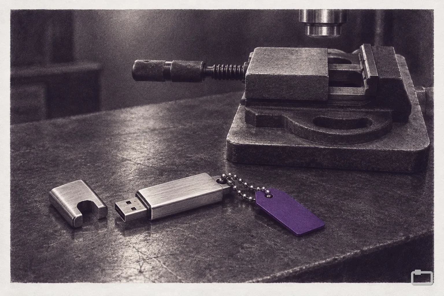 Mezzotint of a USB stick on a bench beside a drill-press vise