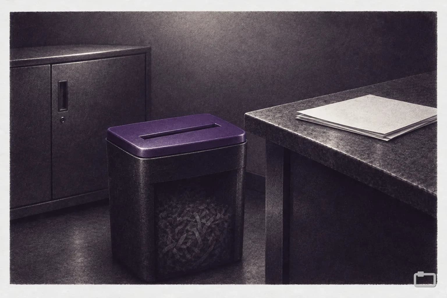 Mezzotint of a paper shredder beside a desk