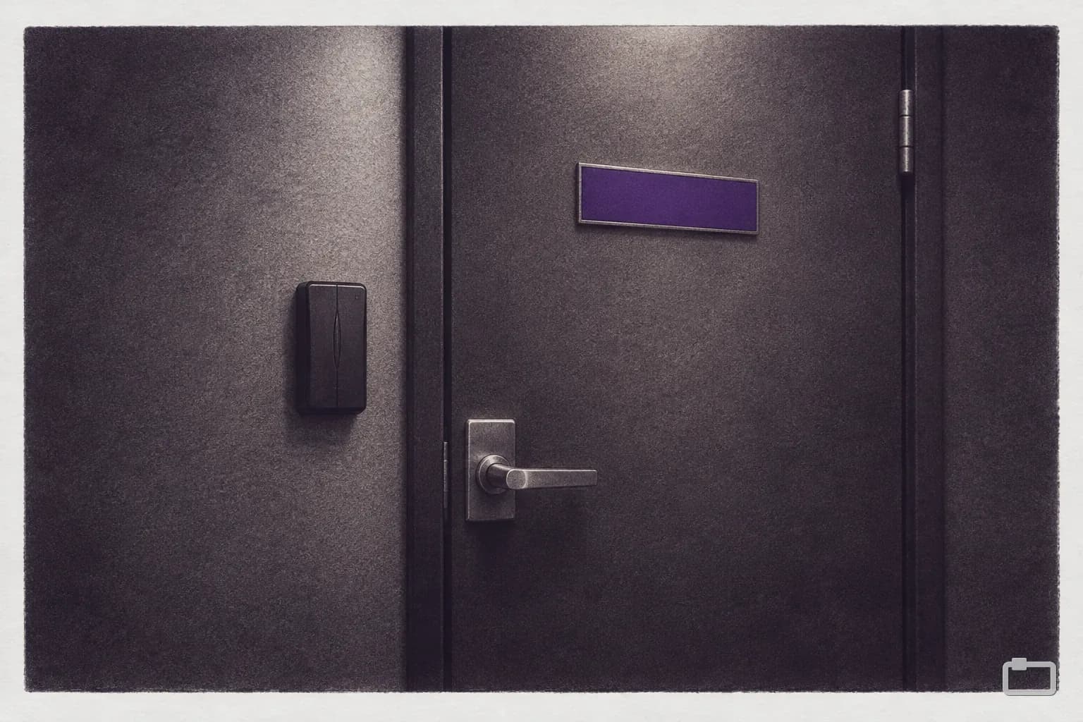 Mezzotint of a closed office door with a nameplate and a badge reader