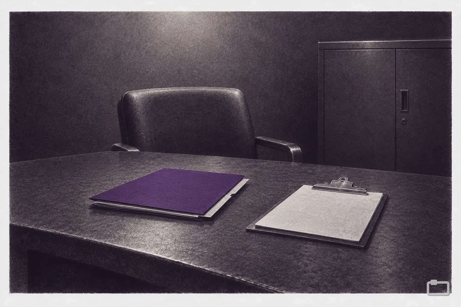 Mezzotint of an empty chair at a table with a folder and a clipboard