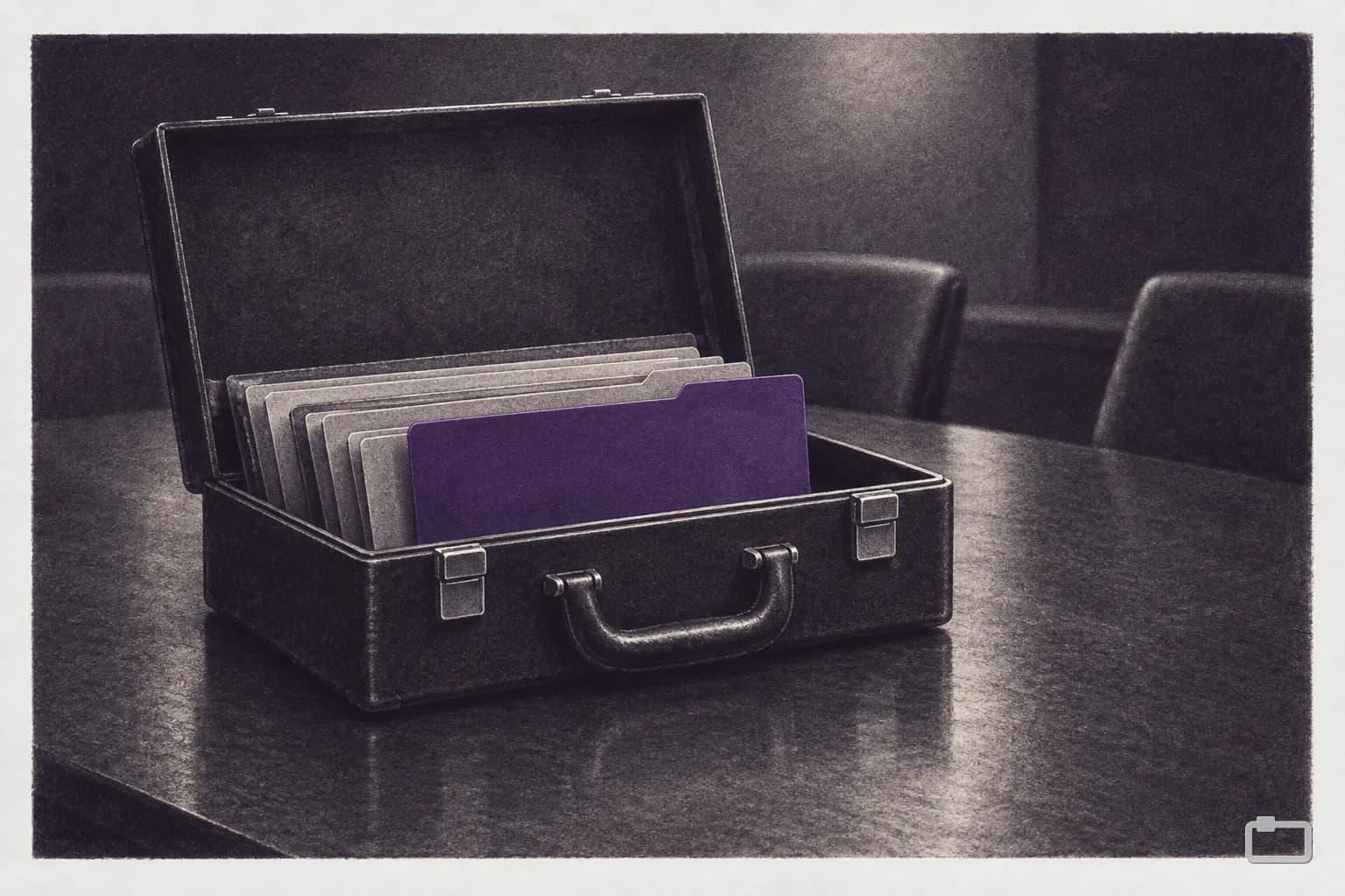 Mezzotint of an open briefcase holding folders on a meeting table