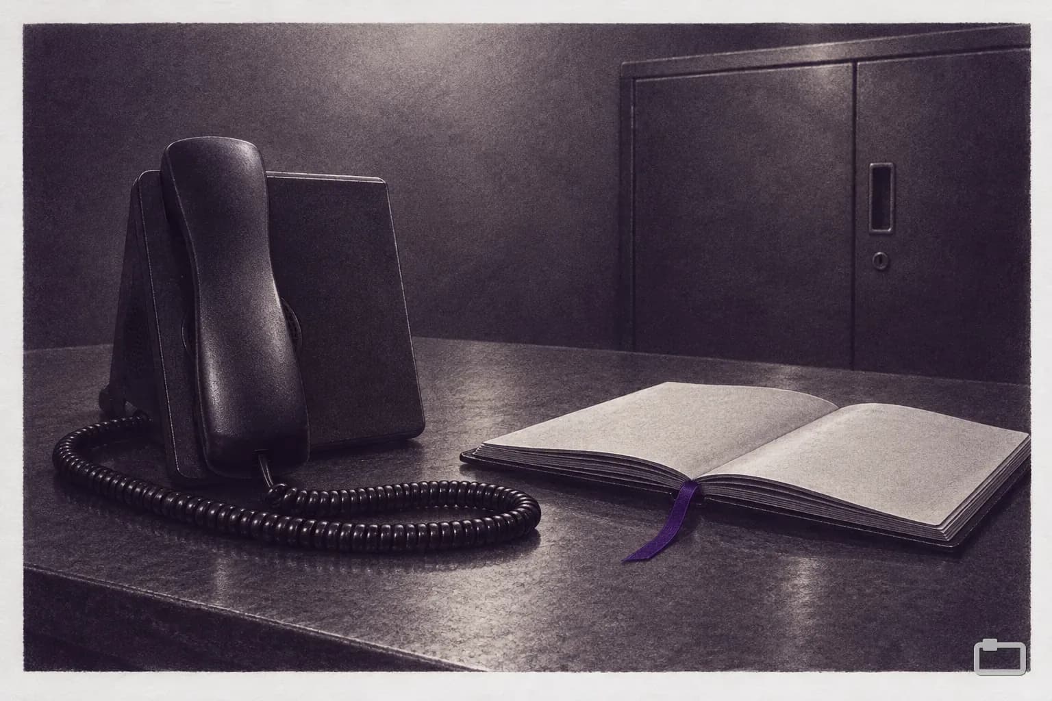 Mezzotint of a desk phone beside an open planner