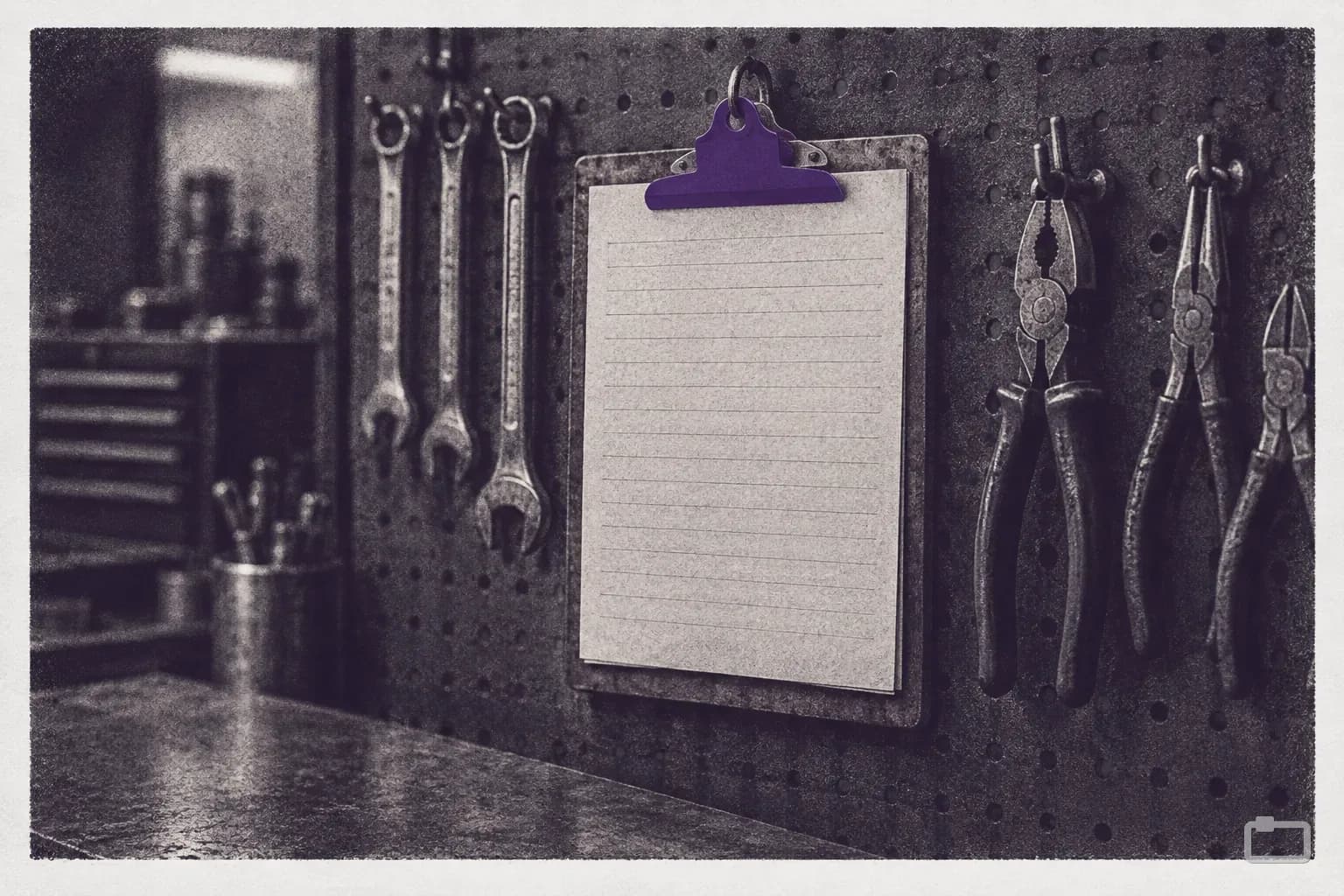 Mezzotint of a task sheet on a clipboard hanging on a shop pegboard