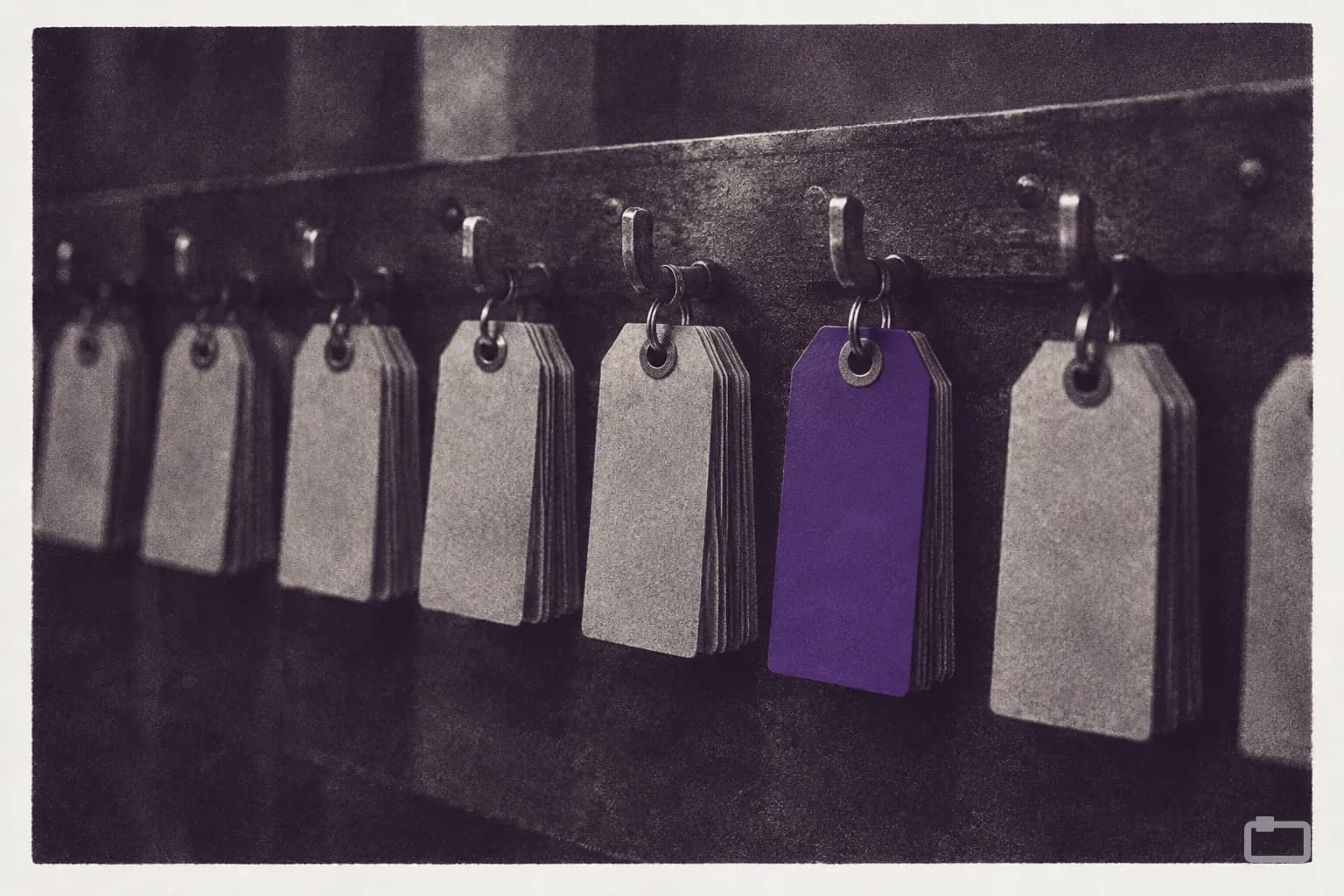 Mezzotint of a row of blank tags hanging on hooks