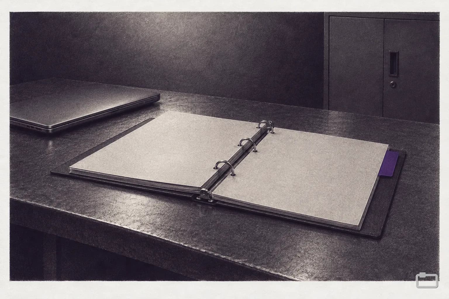 Mezzotint of an open binder beside a closed laptop