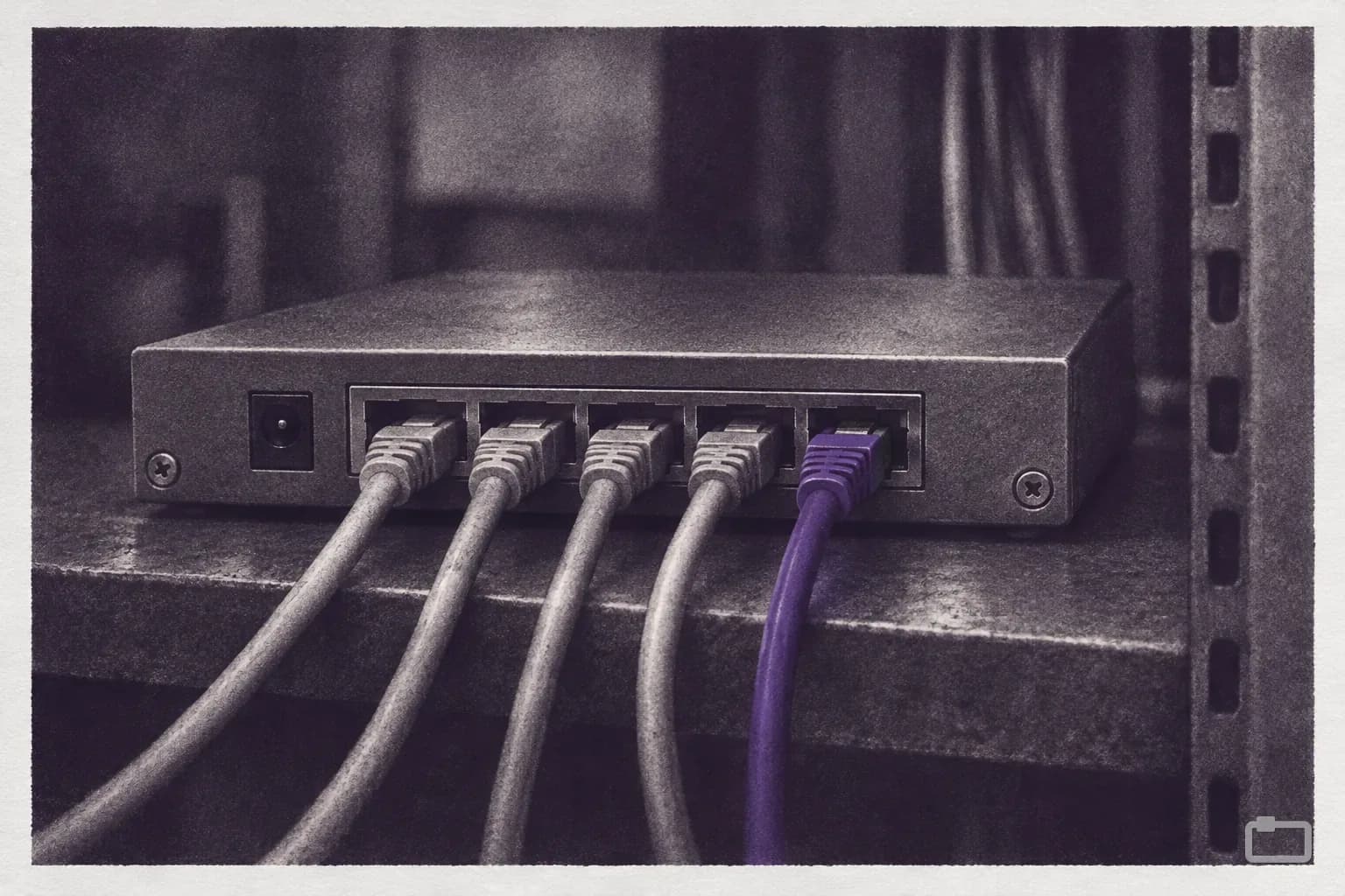 Mezzotint of a small network switch on a shelf with cables
