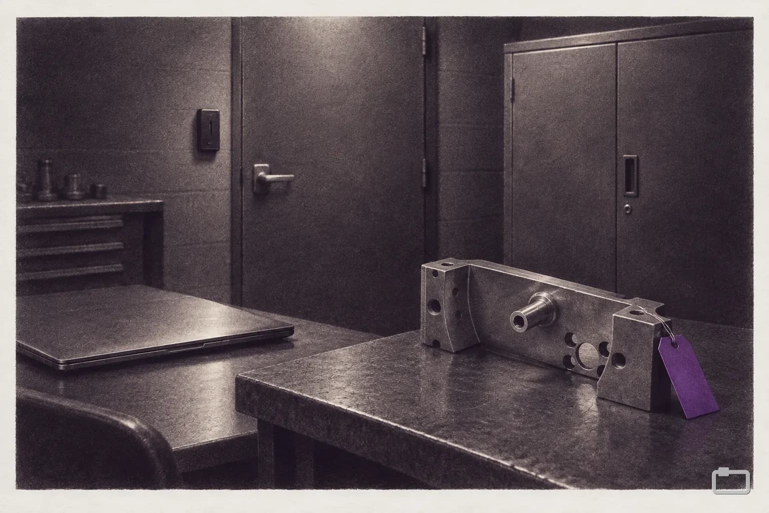 Mezzotint of a shop corner with a machined part, a closed laptop and a door with a badge reader