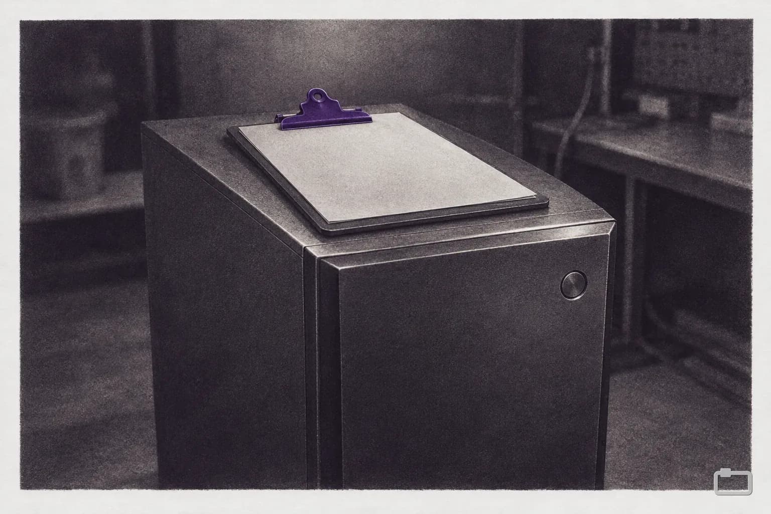 Mezzotint of a clipboard resting on a desktop computer